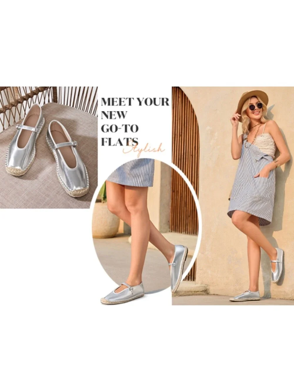 Coutgo NWT Metallic Silver Faux Leather Mary Jane Espadrilles With Jute 7.5